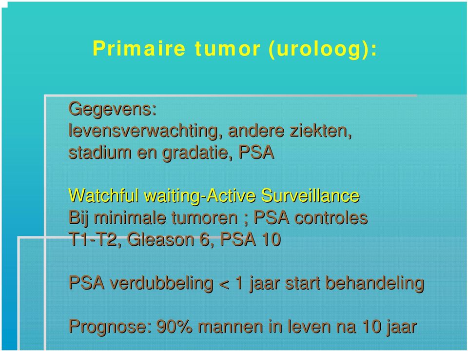 minimale tumoren ; PSA controles T1-T2, T2, Gleason 6, PSA 10 PSA