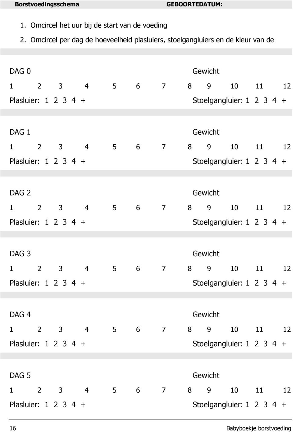 Gewicht 1 2 3 4 5 6 7 8 9 10 11 12 Plasluier: 1 2 3 4 + Stoelgangluier: 1 2 3 4 + DAG 2 Gewicht 1 2 3 4 5 6 7 8 9 10 11 12 Plasluier: 1 2 3 4 + Stoelgangluier: 1 2 3 4 + DAG 3