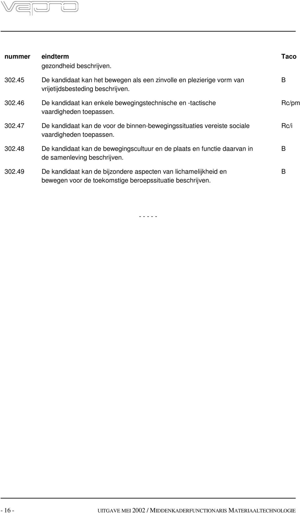 47 De kandidaat kan de voor de binnen-bewegingssituaties vereiste sociale vaardigheden toepassen. 302.