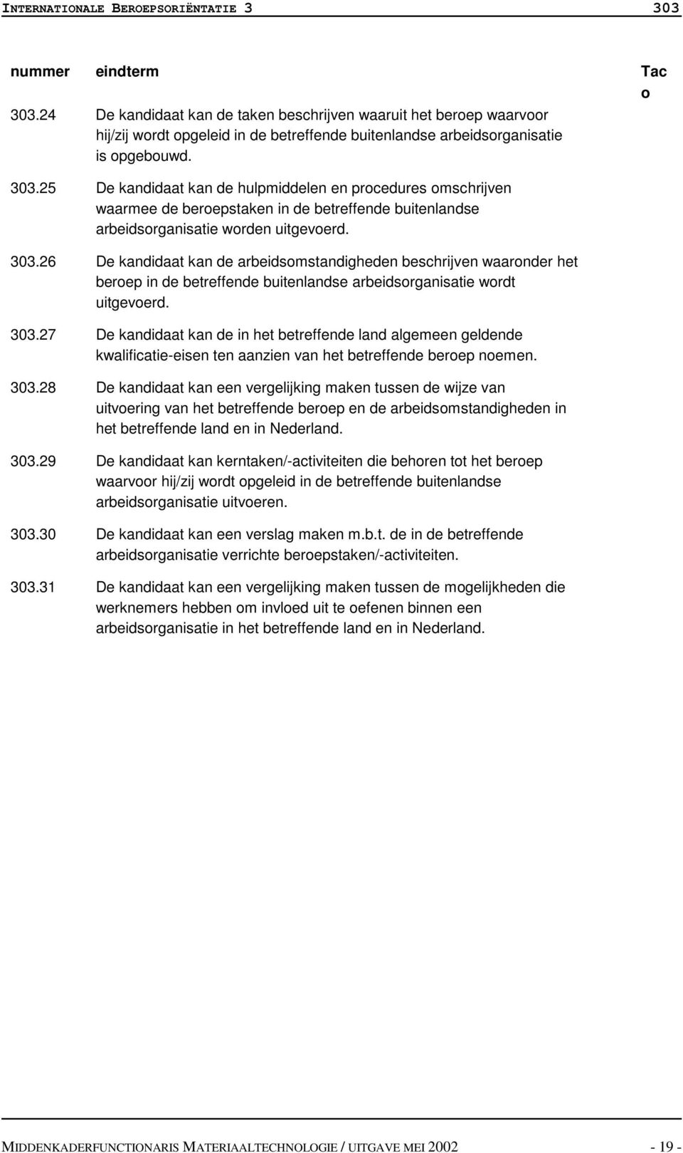 25 De kandidaat kan de hulpiddelen en procedures oschrijven waaree de beroepstaken in de betreffende buitenlandse arbeidsorganisatie worden uitgevoerd. 303.