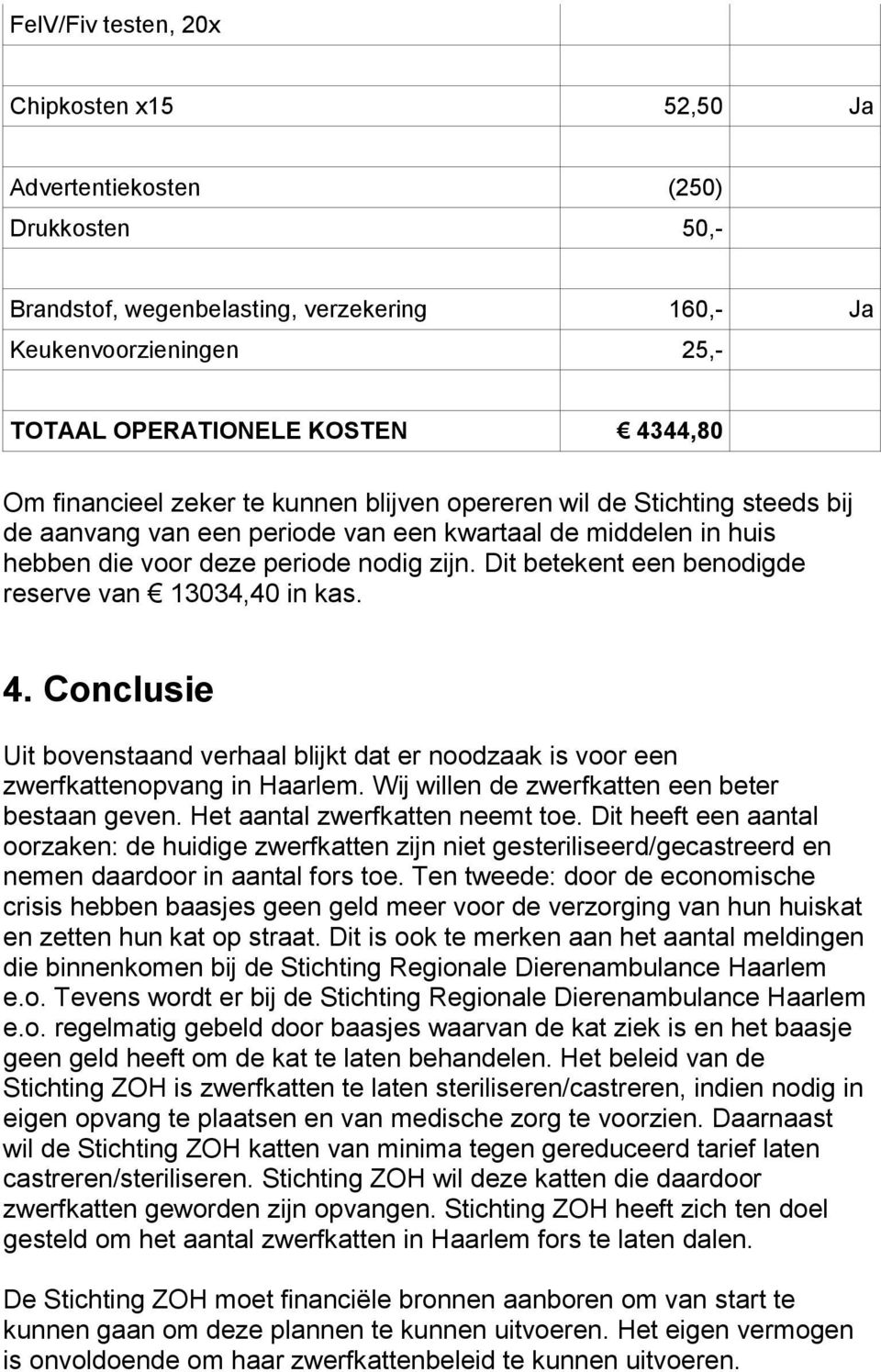 Dit betekent een benodigde reserve van 13034,40 in kas. 4. Conclusie Uit bovenstaand verhaal blijkt dat er noodzaak is voor een zwerfkattenopvang in Haarlem.