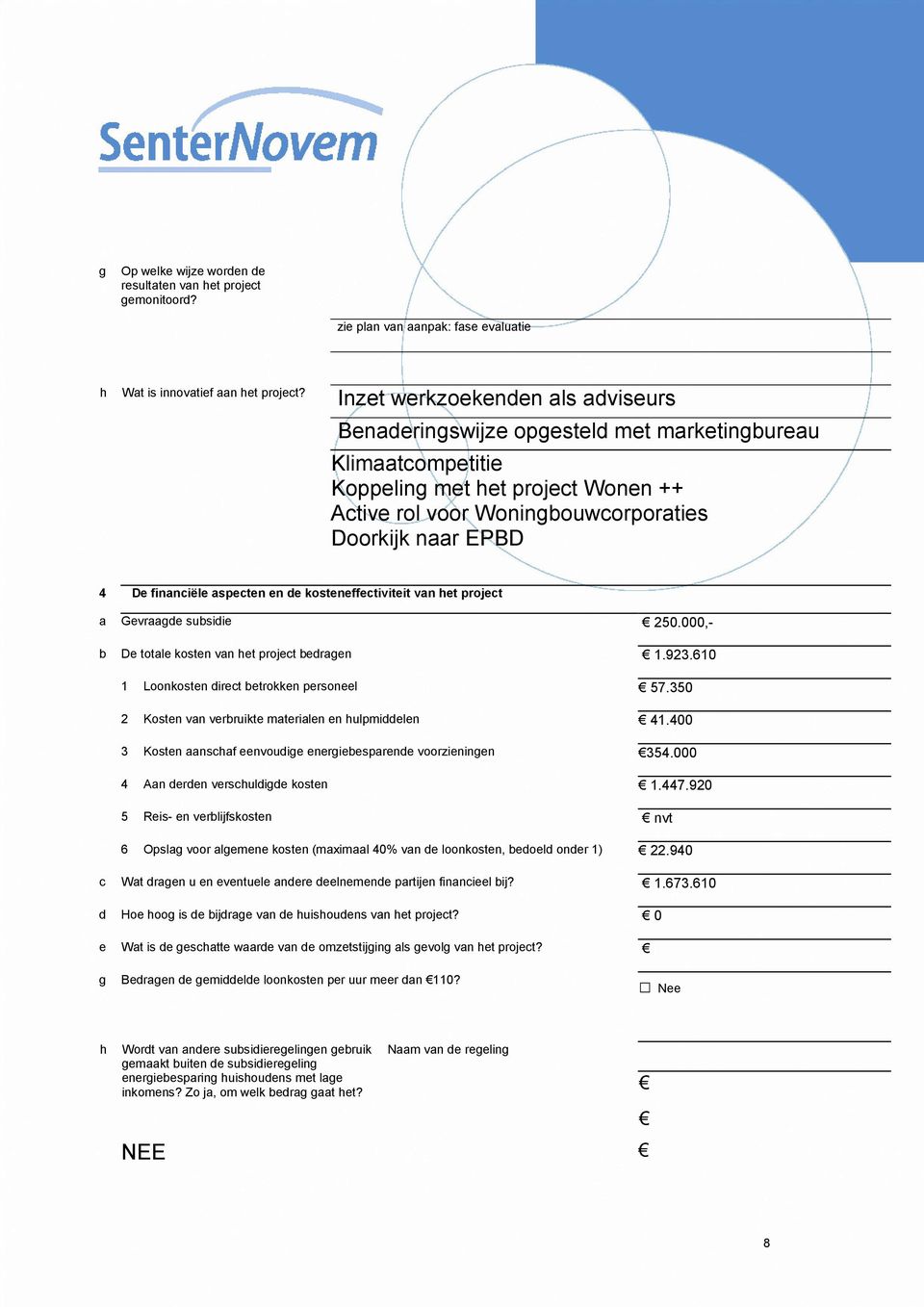 financiële aspecten en de kosteneffectiviteit van het project a Gevraagde subsidie 250.000,- b De totale kosten van het project bedragen 1.923.610 1 Loonkosten direct betrokken personeel 57.