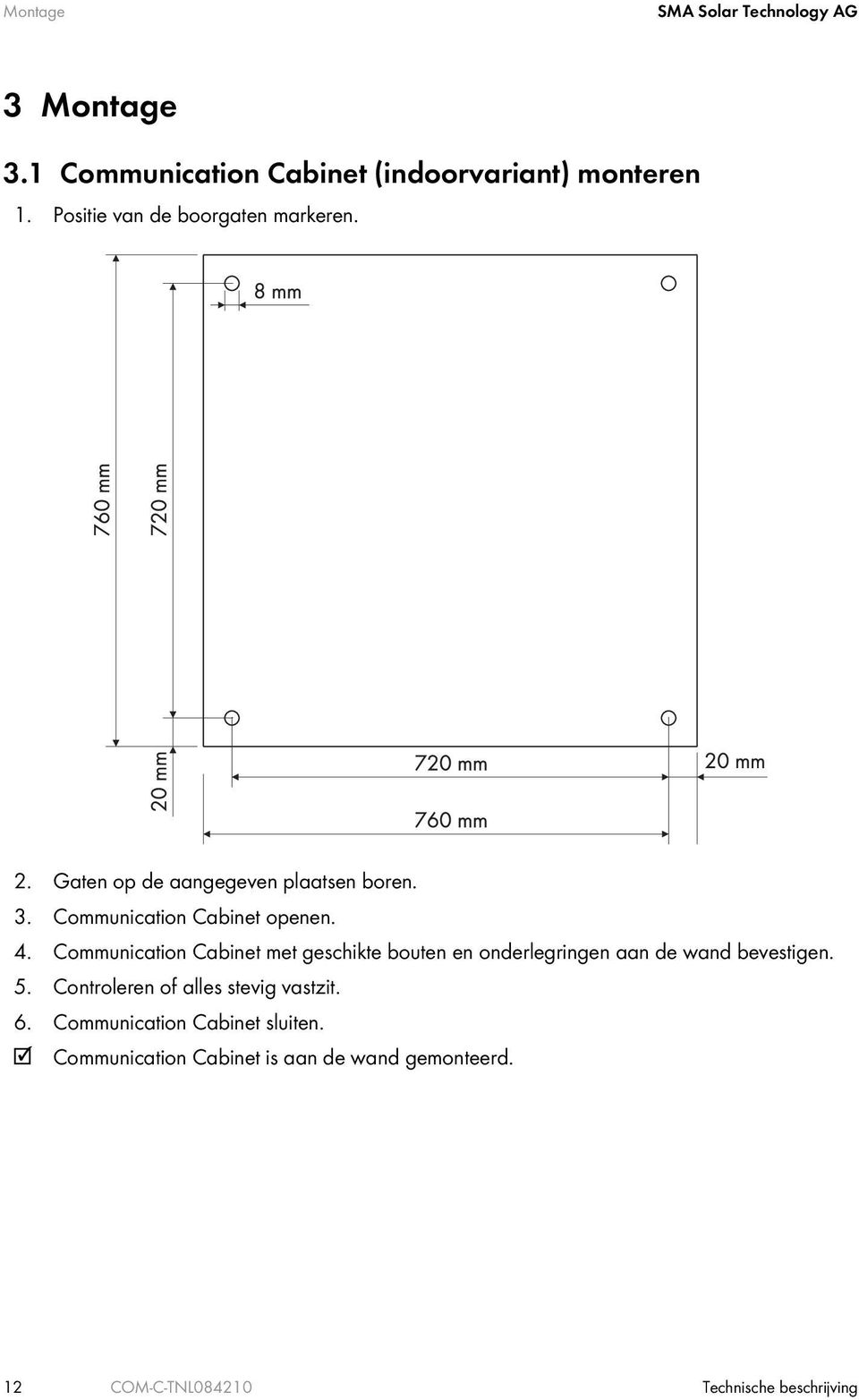 Communication Cabinet met geschikte bouten en onderlegringen aan de wand bevestigen. 5.