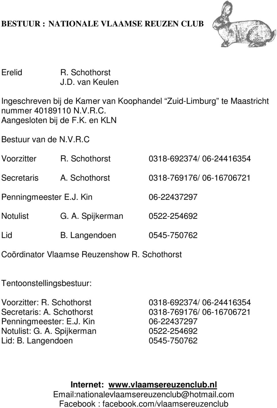 Langendoen 0545-750762 Coördinator Vlaamse Reuzenshow R. Schothorst Tentoonstellingsbestuur: Voorzitter: R. Schothorst 0318-692374/ 06-24416354 Secretaris: A.