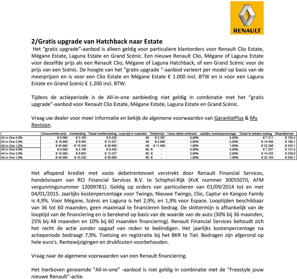 De hoogte van het gratis upgrade -aanbod varieert per model op basis van de meerprijzen en is voor een Clio Estate en Mégane Estate 1.000 incl. BTW en is voor een Laguna Estate en Grand Scénic 1.