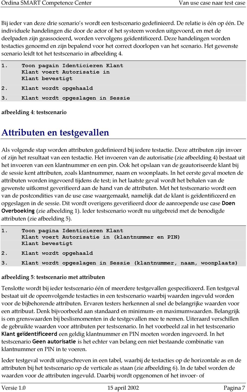 Deze handelingen worden testacties genoemd en zijn bepalend voor het correct doorlopen van het scenario. Het gewenste scenario leidt tot het testscenario in afbeelding 4. 1.