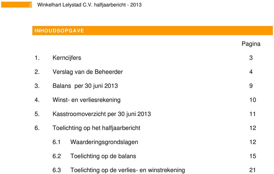 Kasstroomoverzicht per 30 juni 2013 11 6. Toelichting op het halfjaarbericht 12 6.