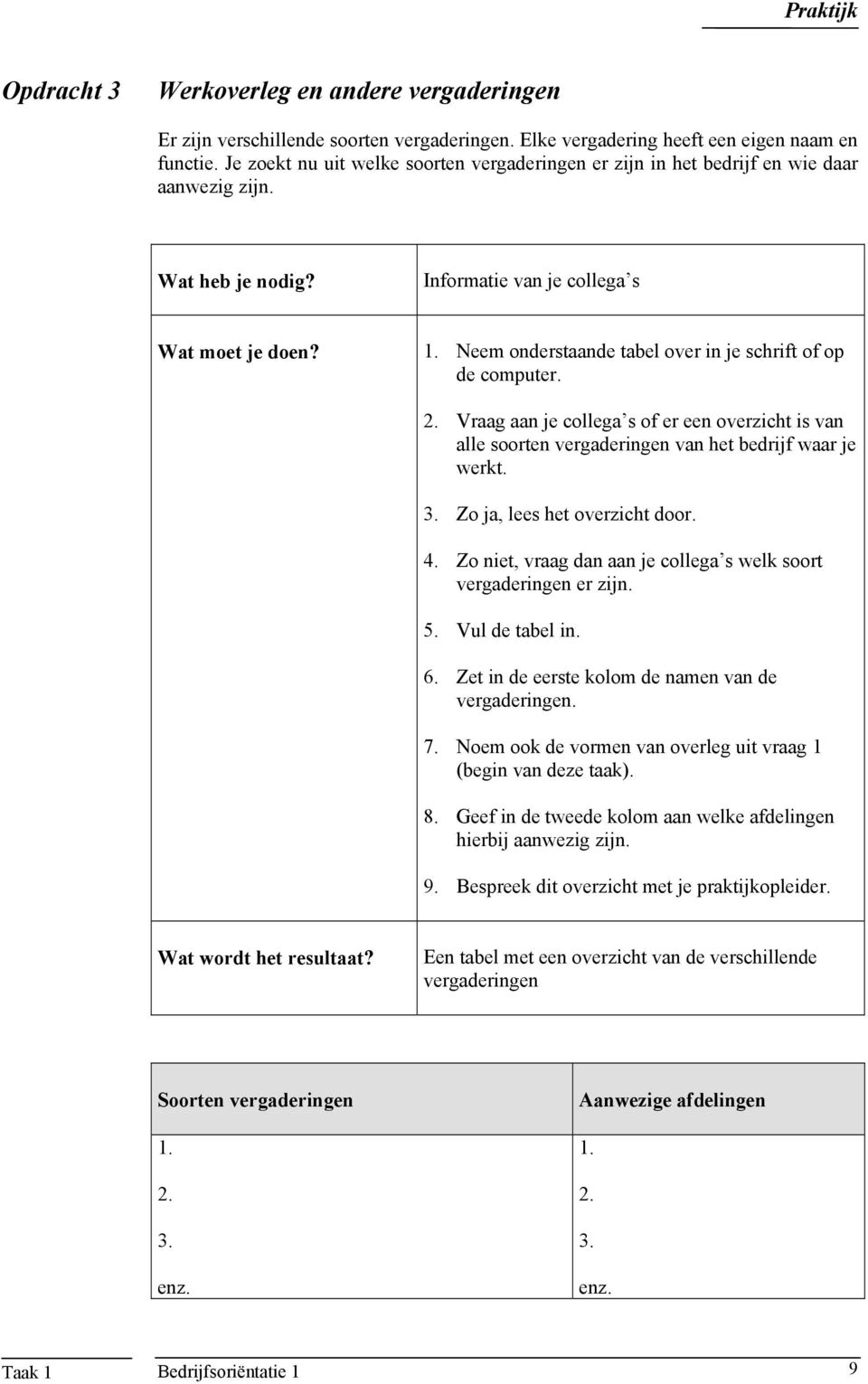 Neem onderstaande tabel over in je schrift of op de computer. Vraag aan je collega s of er een overzicht is van alle soorten vergaderingen van het bedrijf waar je werkt.