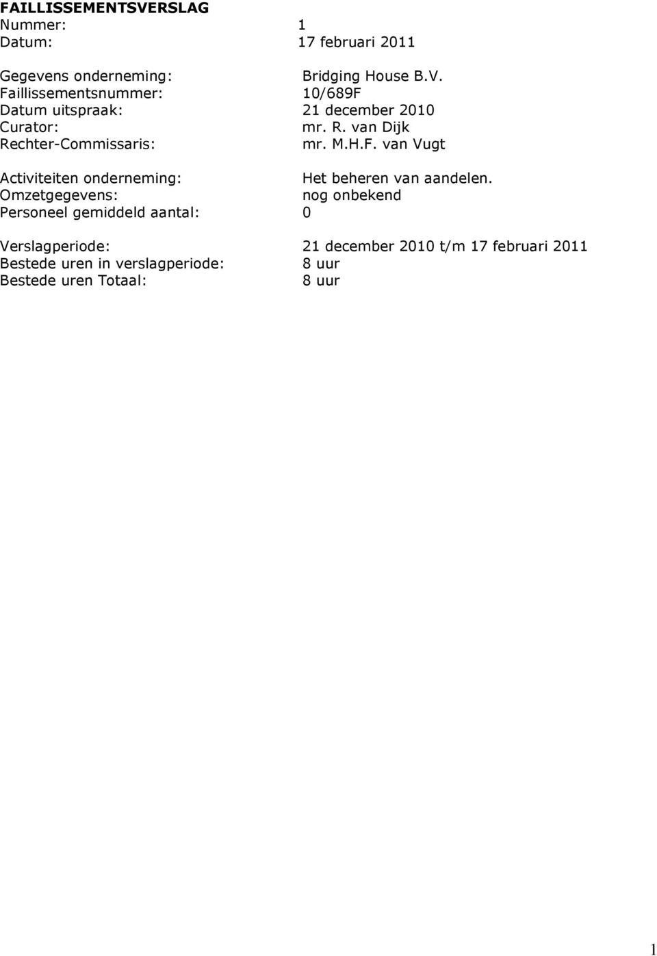 Omzetgegevens: nog onbekend Personeel gemiddeld aantal: 0 Verslagperiode: 21 december 2010 t/m 17 februari 2011