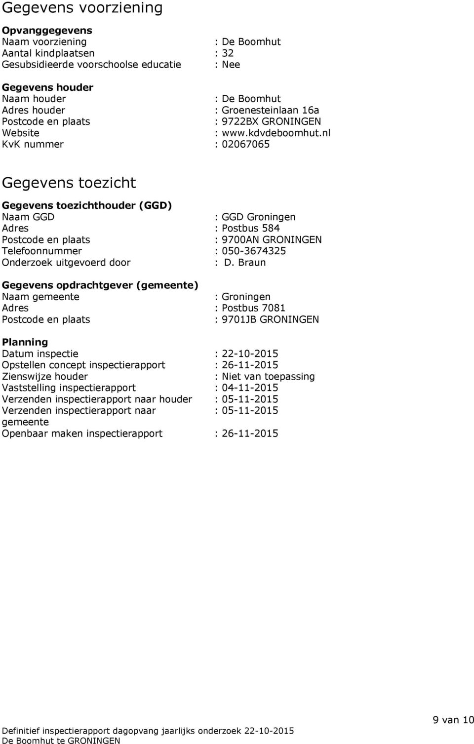 nl KvK nummer : 02067065 Gegevens toezicht Gegevens toezichthouder (GGD) Naam GGD : GGD Groningen Adres : Postbus 584 Postcode en plaats : 9700AN GRONINGEN Telefoonnummer : 050-3674325 Onderzoek