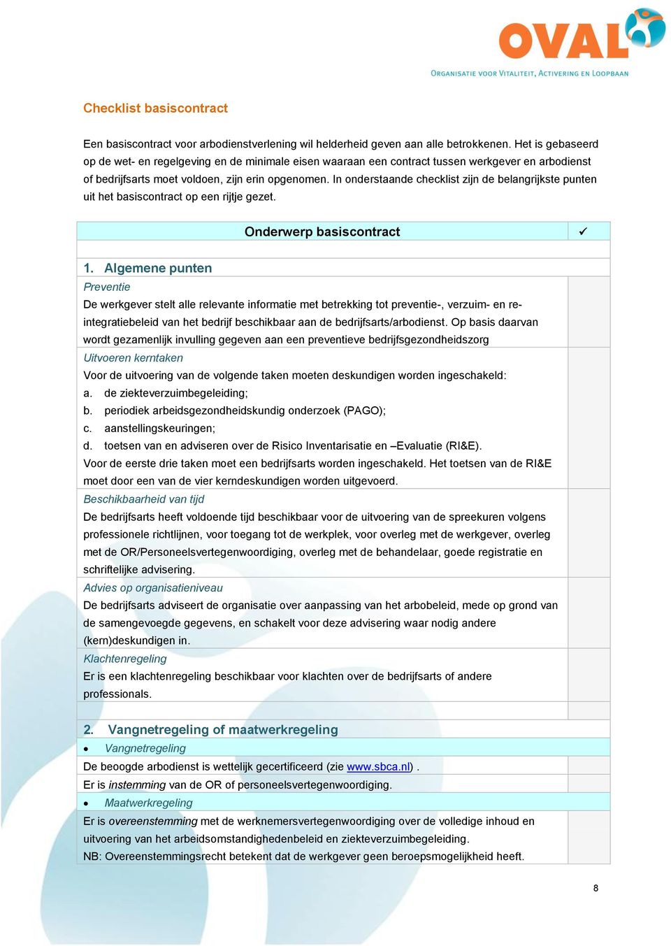 In onderstaande checklist zijn de belangrijkste punten uit het basiscontract op een rijtje gezet. Onderwerp basiscontract 1.