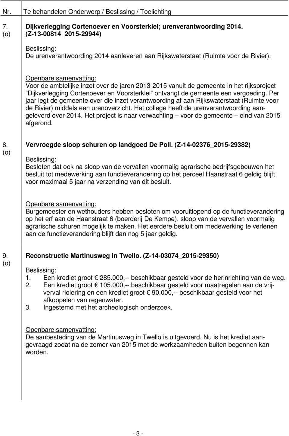 Per jaar legt de gemeente over die inzet verantwoording af aan Rijkswaterstaat (Ruimte voor de Rivier) middels een urenoverzicht. Het college heeft de urenverantwoording aangeleverd over 2014.