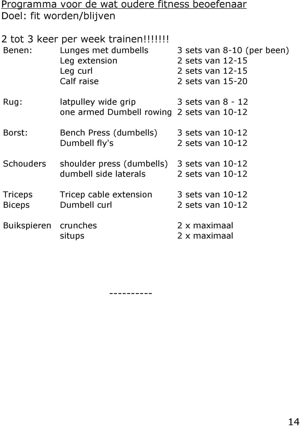 wide grip 3 sets van 8-12 one armed Dumbell rowing 2 sets van 10-12 Borst: Bench Press (dumbells) 3 sets van 10-12 Dumbell fly's 2 sets van 10-12 Schouders