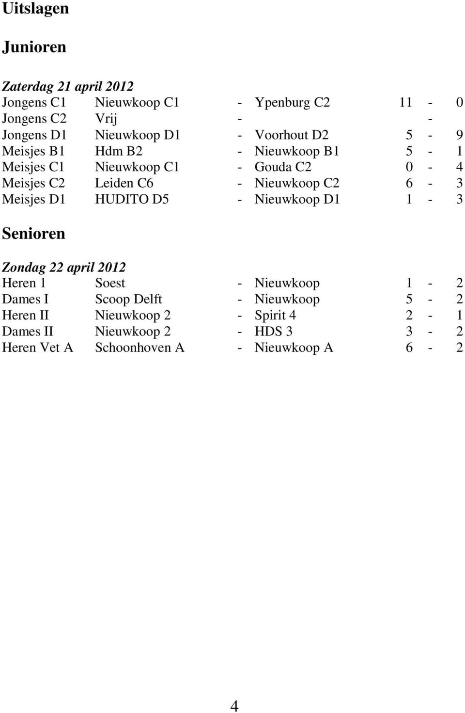 C2 6-3 Meisjes D1 HUDITO D5 - Nieuwkoop D1 1-3 Senioren Zondag 22 april 2012 Heren 1 Soest - Nieuwkoop 1-2 Dames I Scoop Delft -