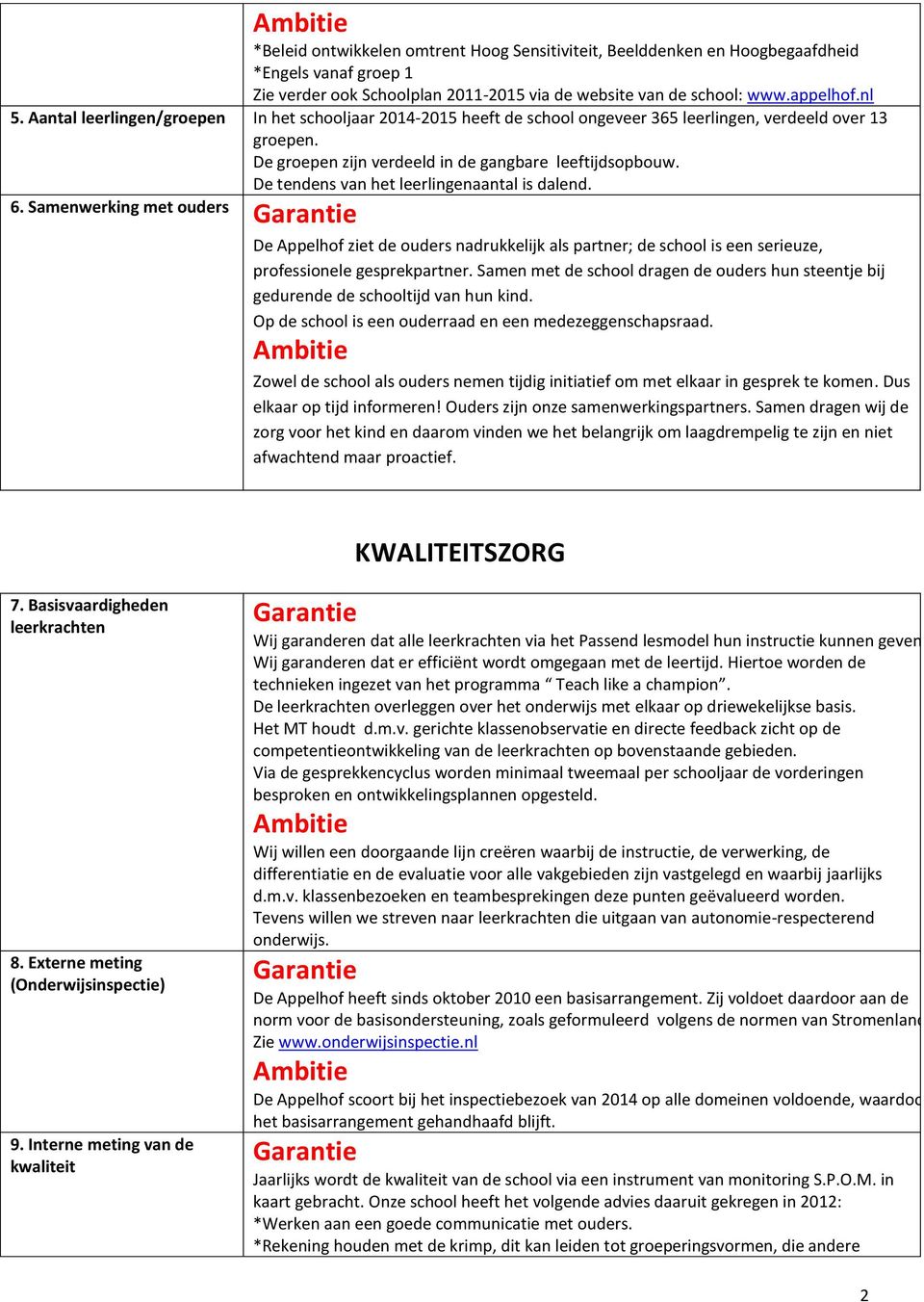 De tendens van het leerlingenaantal is dalend. 6. Samenwerking met ouders De Appelhof ziet de ouders nadrukkelijk als partner; de school is een serieuze, professionele gesprekpartner.