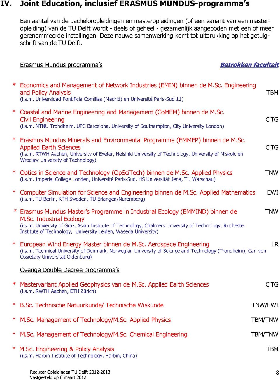 Erasmus Mundus programma s Betrokken faculteit * Economics and Management of Network Industries (EMIN) binnen de M.Sc. Engineering and Policy Analysis (i.s.m. Universidad Pontificia Comillas (Madrid) en Université Paris-Sud 11) * Coastal and Marine Engineering and Management (CoMEM) binnen de M.
