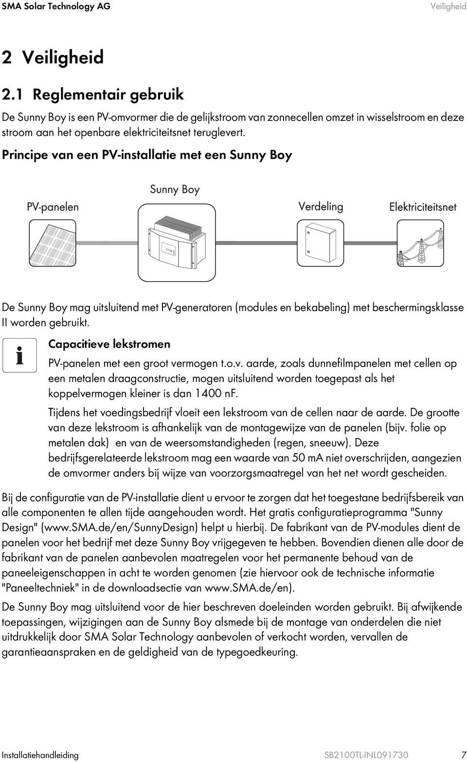 Principe van een PV-installatie met een Sunny Boy De Sunny Boy mag uitsluitend met PV-generatoren (modules en bekabeling) met beschermingsklasse II worden gebruikt.