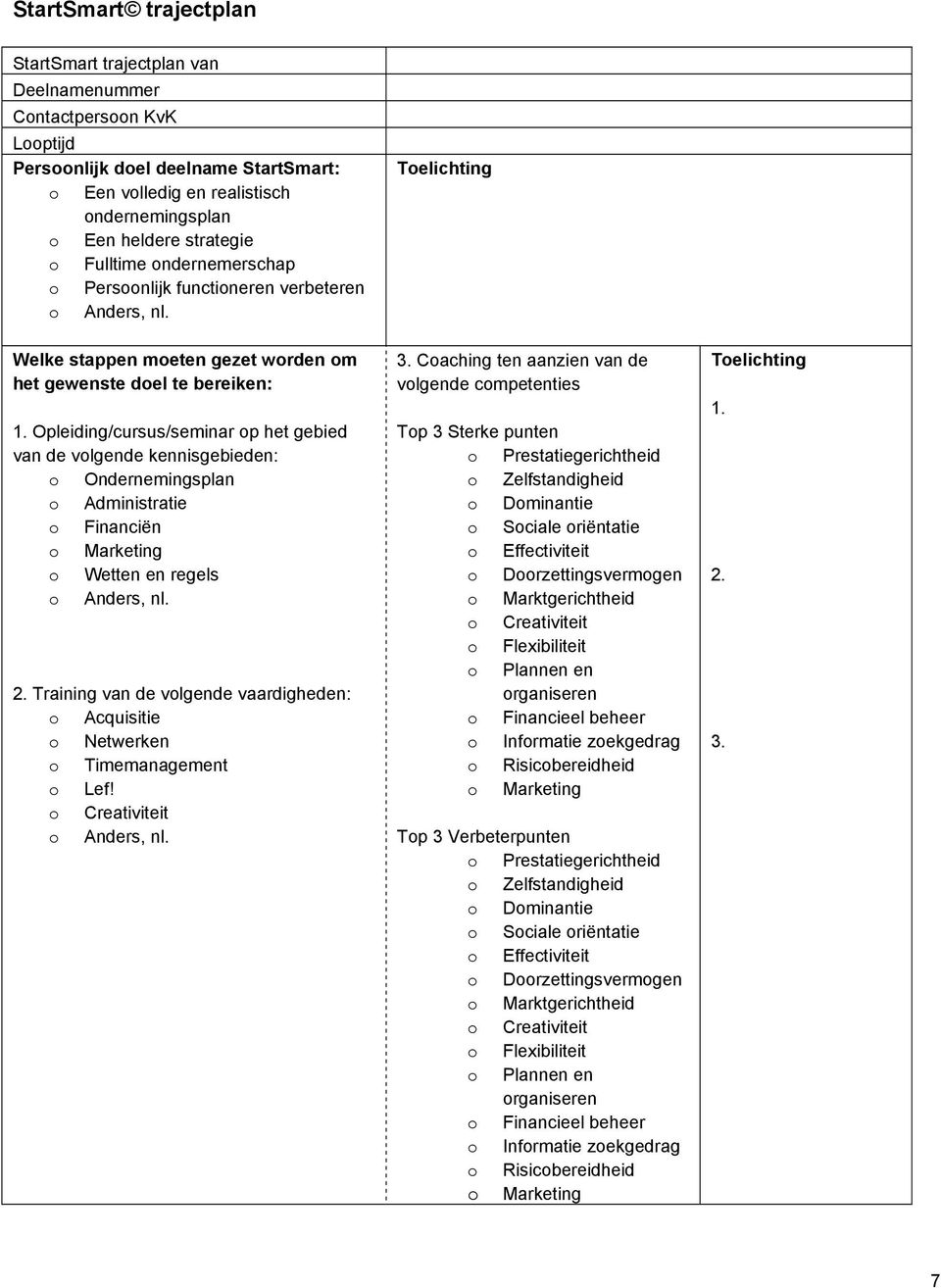 Welke stappen moeten gezet worden om het gewenste doel te bereiken: Opleiding/cursus/seminar op het gebied van de volgende kennisgebieden: o Ondernemingsplan o Administratie o Financiën o Marketing o