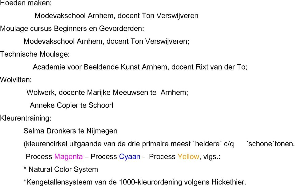 Arnhem; Anneke Copier te Schoorl Kleurentraining: Selma Dronkers te Nijmegen (kleurencirkel uitgaande van de drie primaire meest heldere c/q