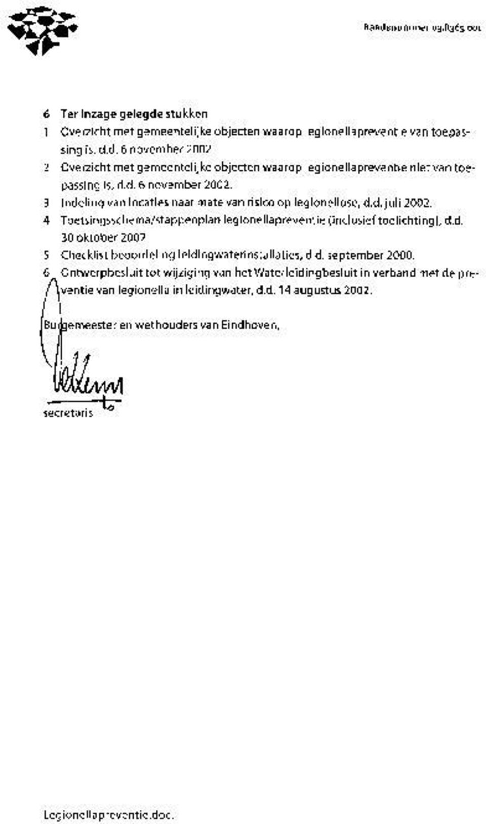 4 Toetsingsschema/stappenplan legionellapreventie (inclusief toelichting), d.d. 30 oktober 2002. 5 Checklist beoordeling leidingwaterinstallaties, d.d. september 2000.