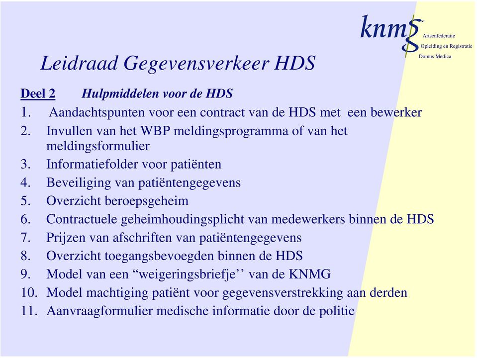 Overzicht beroepsgeheim 6. Contractuele geheimhoudingsplicht van medewerkers binnen de HDS 7. Prijzen van afschriften van patiëntengegevens 8.