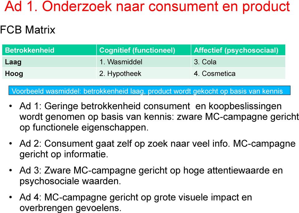 Cosmetica Voorbeeld wasmiddel: betrokkenheid laag, product wordt gekocht op basis van kennis Ad 1: Geringe betrokkenheid consument en koopbeslissingen wordt