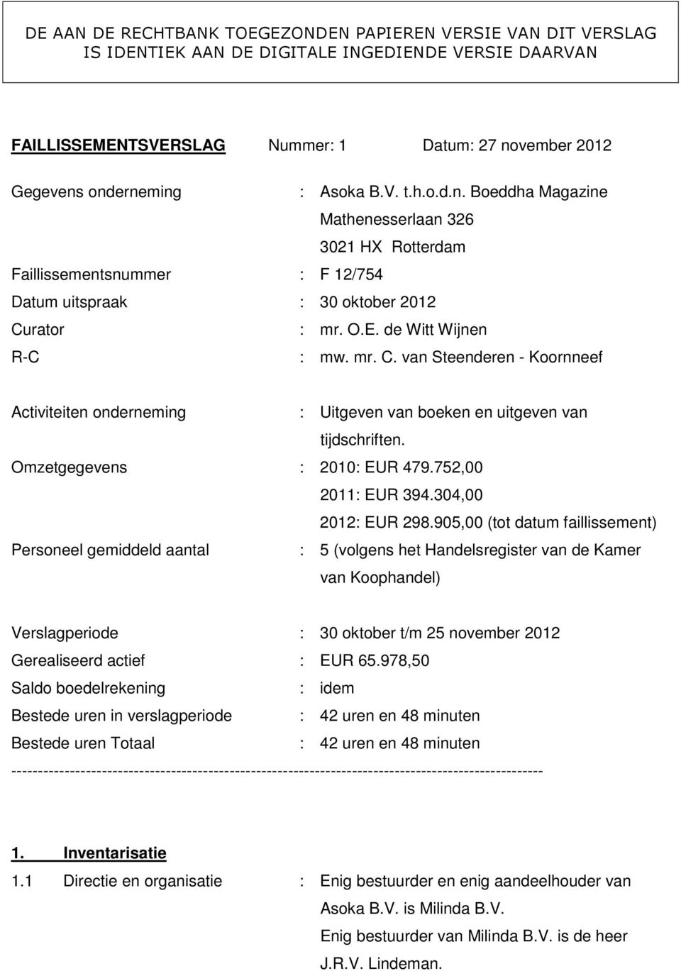 rator : mr. O.E. de Witt Wijnen R-C : mw. mr. C. van Steenderen - Koornneef Activiteiten onderneming : Uitgeven van boeken en uitgeven van tijdschriften. Omzetgegevens : 2010: EUR 479.