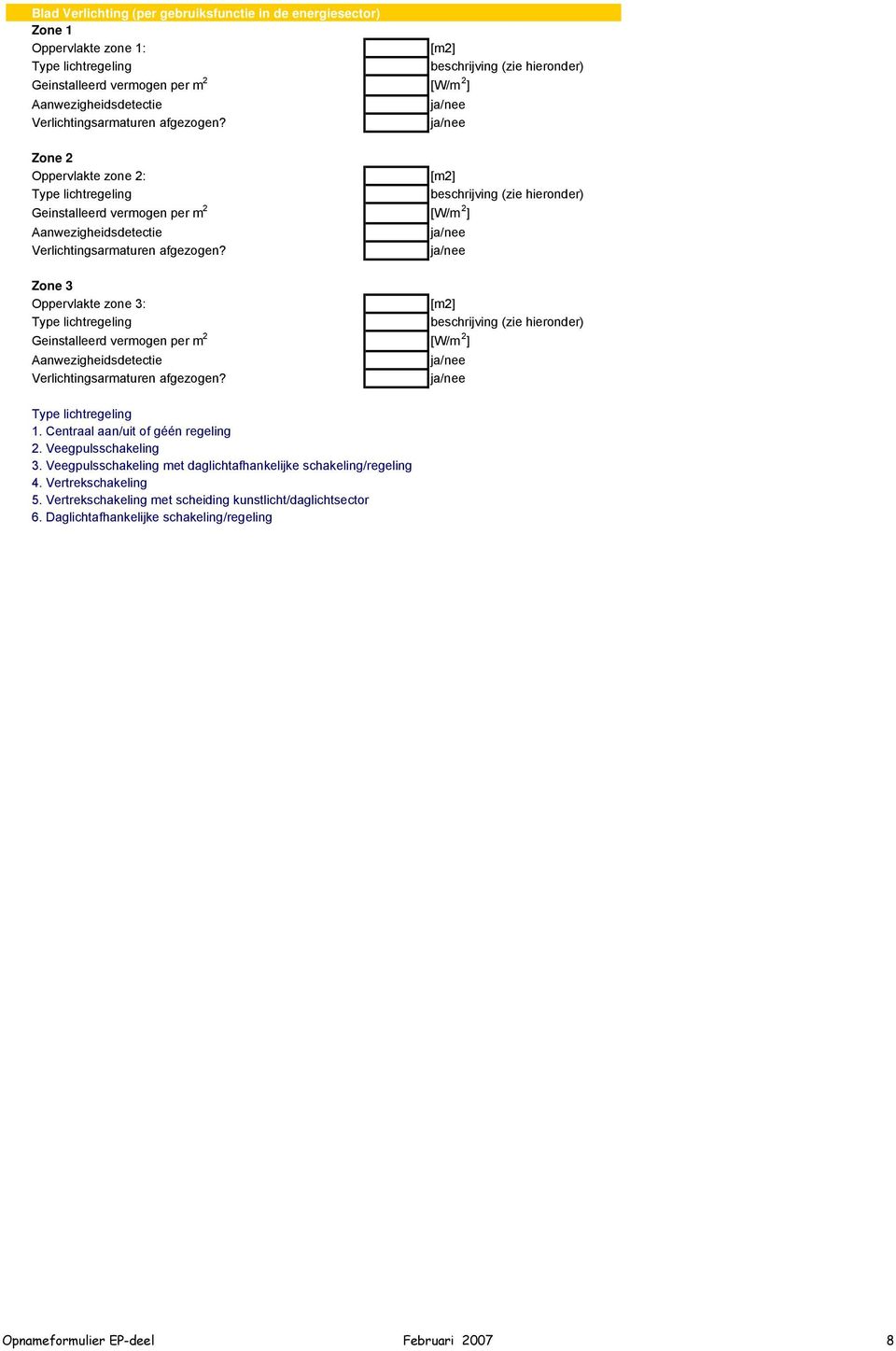 Zone 3 Oppervlakte zone 3: Type lichtregeling Geinstalleerd vermogen per m 2 [W/m 2 ] Aanwezigheidsdetectie Verlichtingsarmaturen afgezogen? Type lichtregeling. Centraal aan/uit of géén regeling 2.