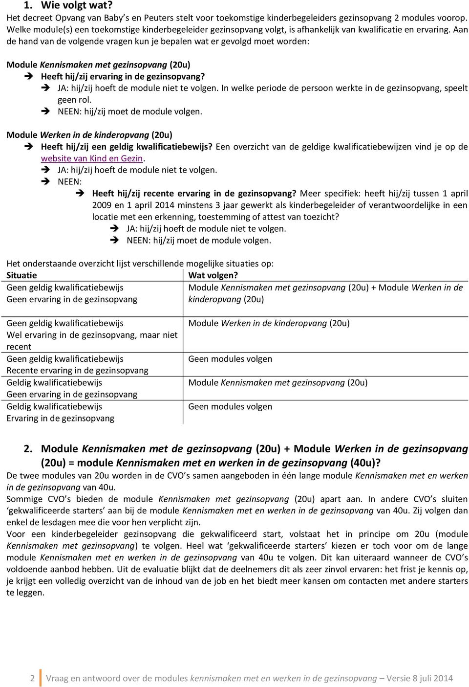 Aan de hand van de volgende vragen kun je bepalen wat er gevolgd moet worden: Module Kennismaken met gezinsopvang (20u) Heeft hij/zij ervaring in de gezinsopvang?