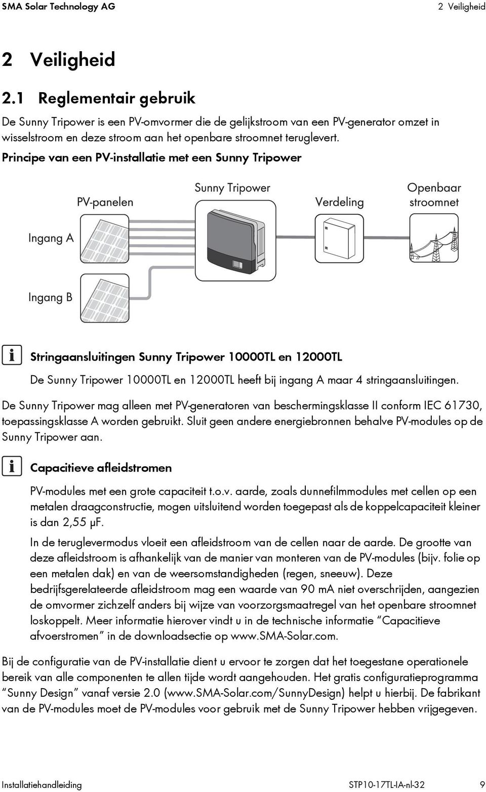 Principe van een PV-installatie met een Sunny Tripower Stringaansluitingen Sunny Tripower 10000TL en 12000TL De Sunny Tripower 10000TL en 12000TL heeft bij ingang A maar 4 stringaansluitingen.