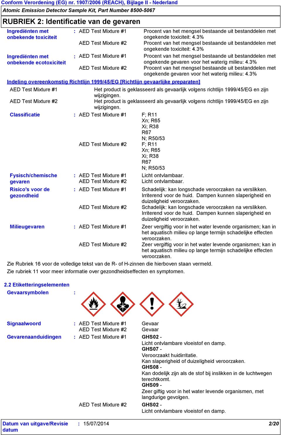 Classificatie F; R11 Xn; R65 Xi; R38 R67 N; R50/53 F; R11 Xn; R65 Xi; R38 R67 N; R50/53 Fysisch/chemische gevaren Risico's voor de gezondheid Licht ontvlambaar.