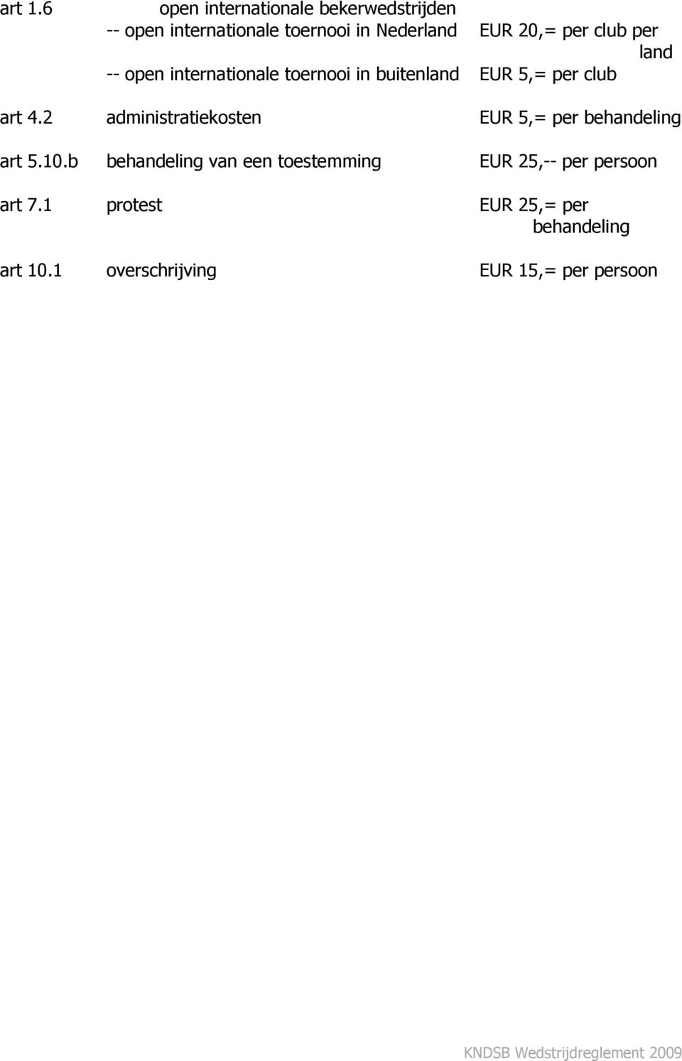 per club per land -- open internationale toernooi in buitenland EUR 5,= per club art 4.