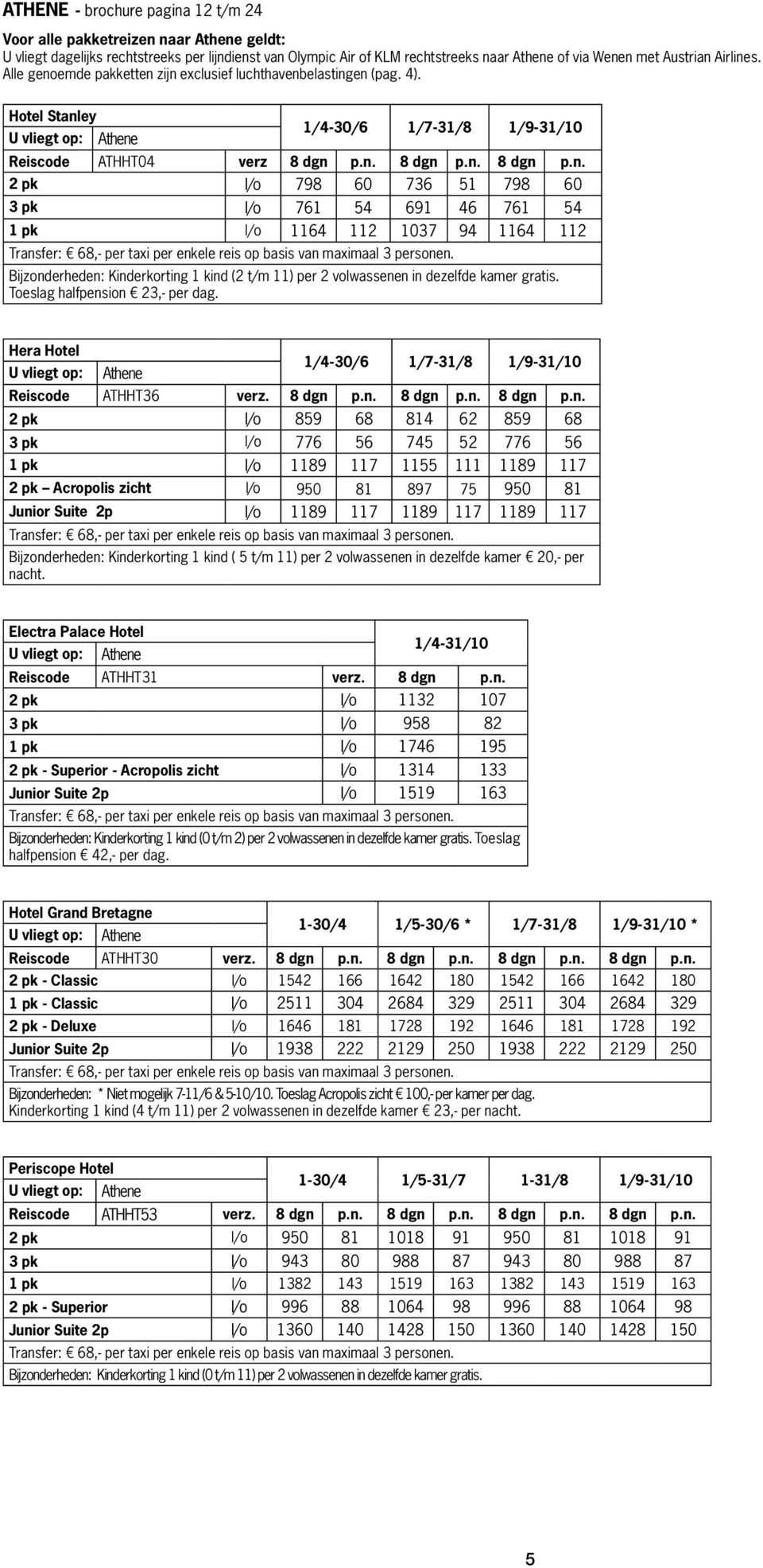 Bijzonderheden: Kinderkorting 1 kind (2 t/m 11) per 2 volwassenen in dezelfde kamer gratis. Toeslag halfpension 23,- per dag. Hera Hotel Athene 1/4-30/6 1/7-31/8 1/9-31/10 Reiscode ATHHT36 verz.