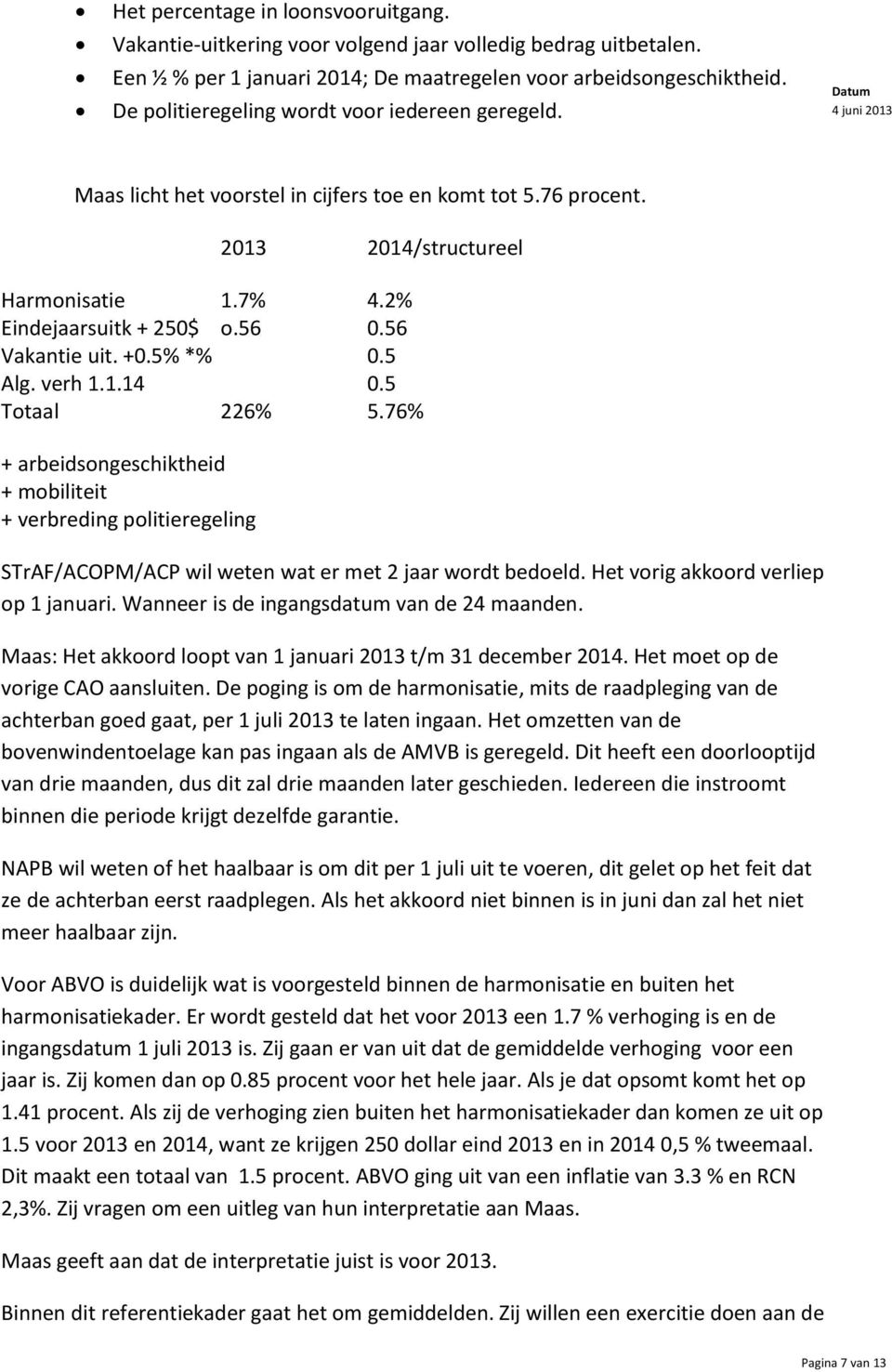 2% Eindejaarsuitk + 250$ o.56 0.56 Vakantie uit. +0.5% *% 0.5 Alg. verh 1.1.14 0.5 Totaal 226% 5.