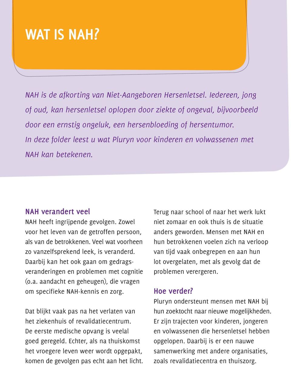 In deze folder leest u wat Pluryn voor kinderen en volwassenen met NAH kan betekenen. NAH verandert veel NAH heeft ingrijpende gevolgen.