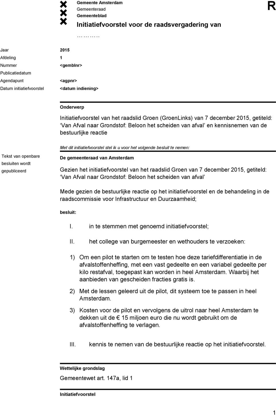 Van Afval naar Grondstof: Beloon het scheiden van afval en kennisnemen van de bestuurlijke reactie Met dit initiatiefvoorstel stel ik u voor het volgende besluit te nemen: Tekst van openbare