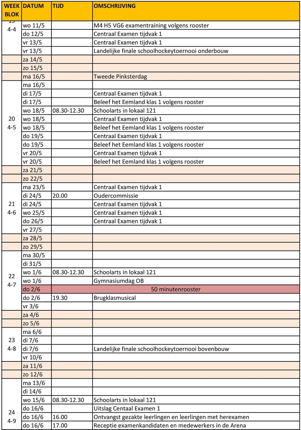 30 Schoolarts in lokaal 121 20 wo 18/5 Centraal Examen tijdvak 1 4-5 wo 18/5 Beleef het Eemland klas 1 volgens rooster do 19/5 Centraal Examen tijdvak 1 do 19/5 Beleef het Eemland klas 1 volgens