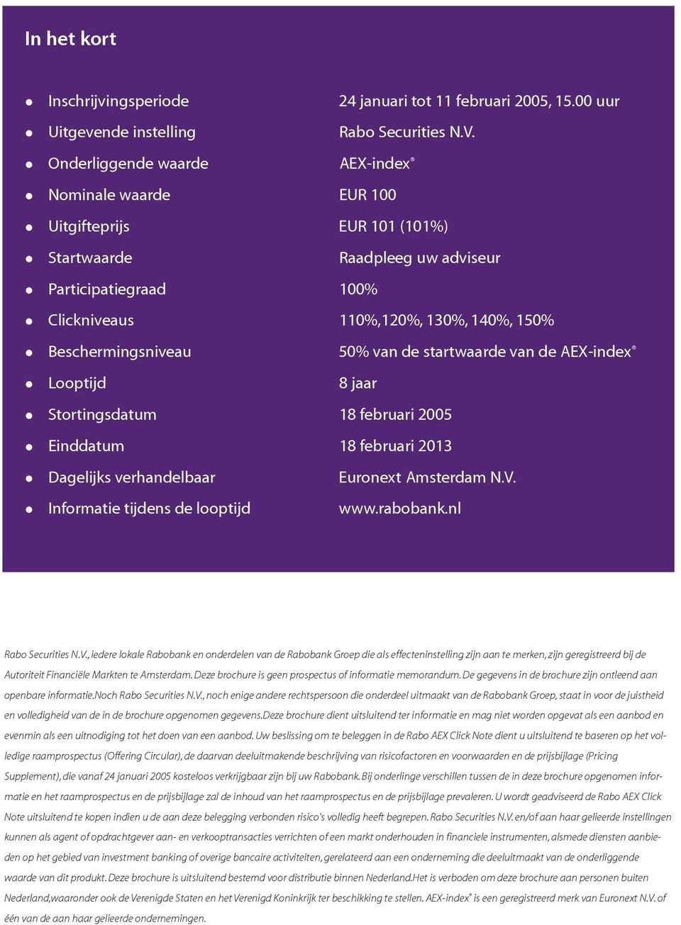 Beschermingsniveau 50% van de startwaarde van de AEX-index Looptijd 8 jaar Stortingsdatum 18 februari 2005 Einddatum 18 februari 2013 Dagelijks verhandelbaar Euronext Amsterdam N.V.