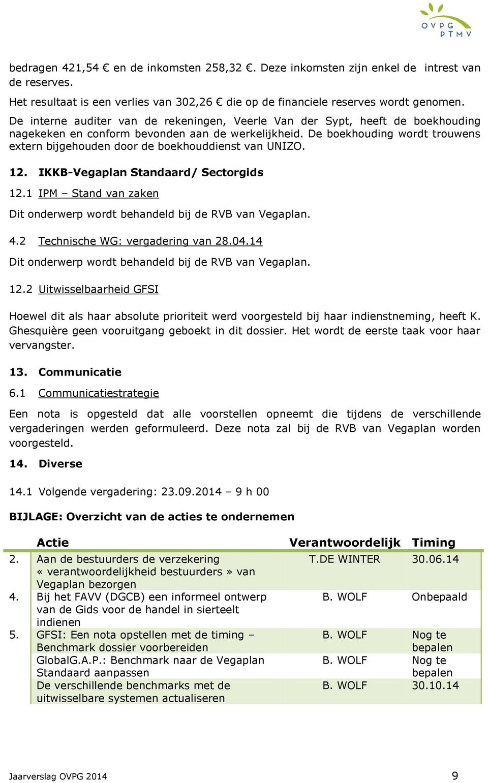 De boekhouding wordt trouwens extern bijgehouden door de boekhouddienst van UNIZO. 12. IKKB-Vegaplan Standaard/ Sectorgids 12.