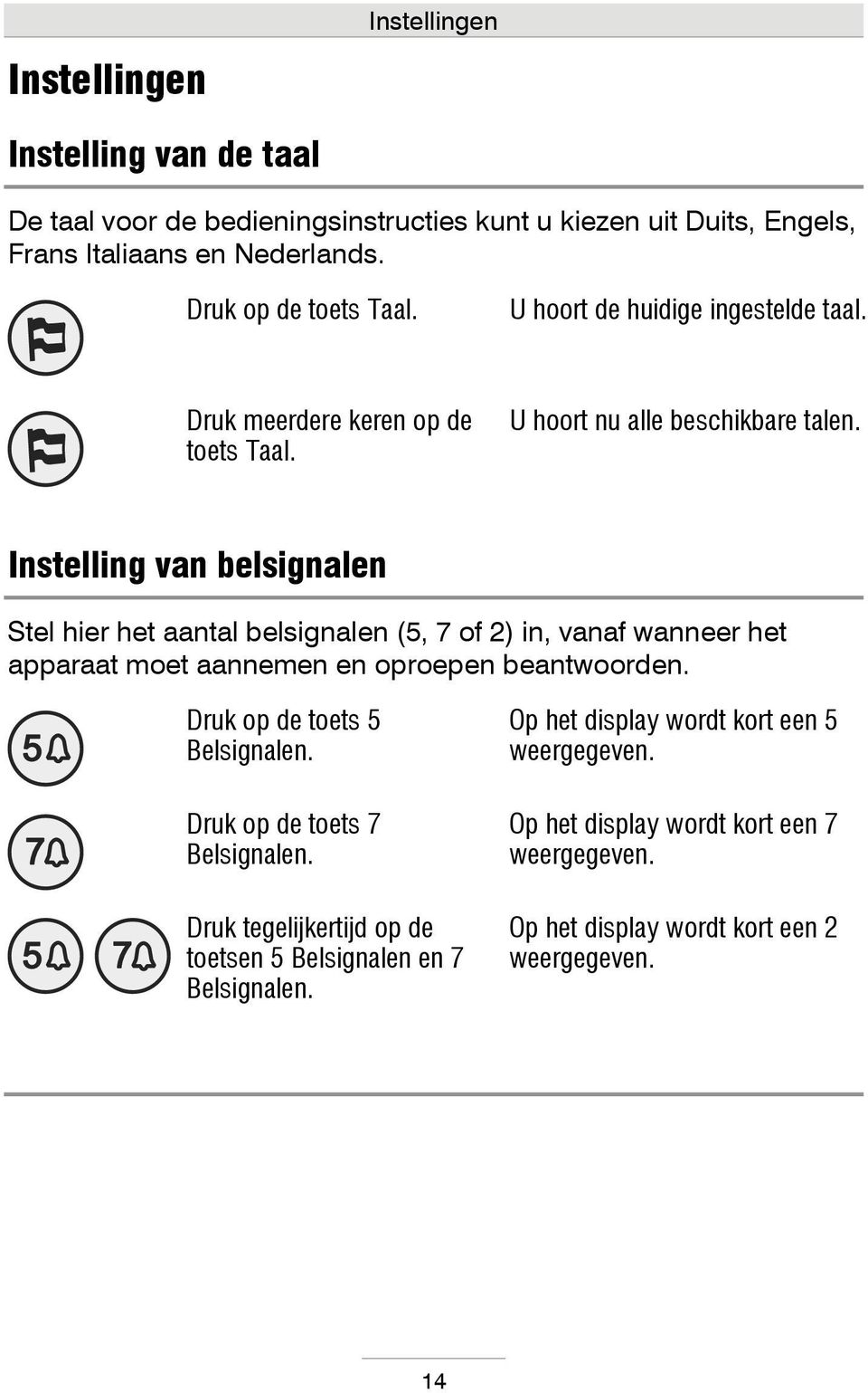 Instelling van belsignalen Stel hier het aantal belsignalen (5, 7 of 2) in, vanaf wanneer het apparaat moet aannemen en oproepen beantwoorden. Druk op de toets 5 Belsignalen.