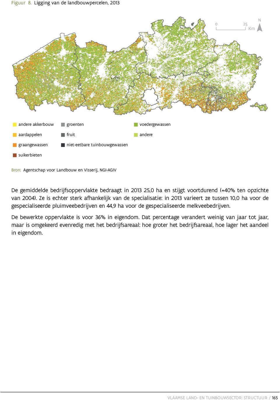 Landbouw en Visserij, NGI-AGIV De gemiddelde bedrijfsoppervlakte bedraagt in 2013 25,0 ha en stijgt voortdurend (+40% ten opzichte van 2004).