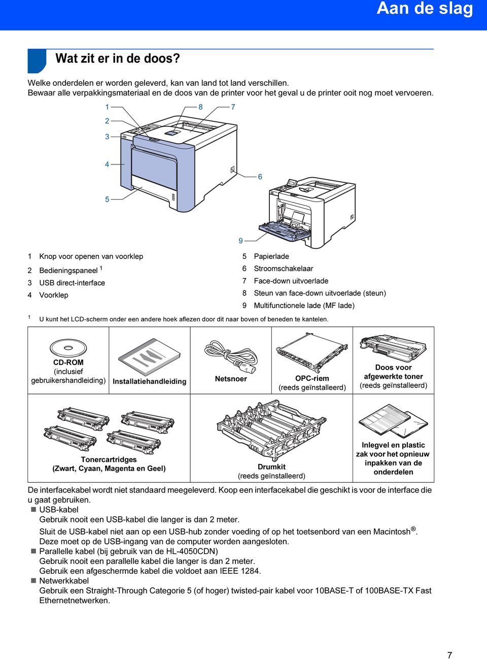 1 8 7 2 3 4 6 5 9 1 Knop voor openen van voorklep 2 Bedieningspaneel 1 3 USB direct-interface 4 Voorklep 5 Papierlade 6 Stroomschakelaar 7 Face-down uitvoerlade 8 Steun van face-down uitvoerlade