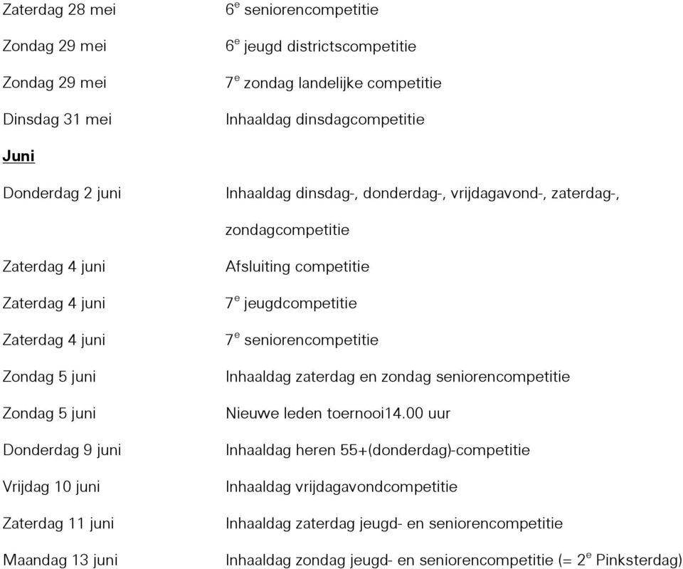 Vrijdag 10 juni Zaterdag 11 juni Maandag 13 juni Afsluiting competitie 7 e jeugdcompetitie 7 e seniorencompetitie Inhaaldag zaterdag en zondag seniorencompetitie Nieuwe leden toernooi14.