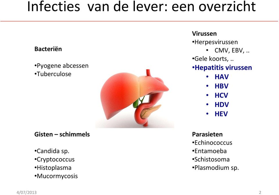 . Hepatitis virussen HAV HBV HCV HDV HEV Gisten schimmels Candida sp.