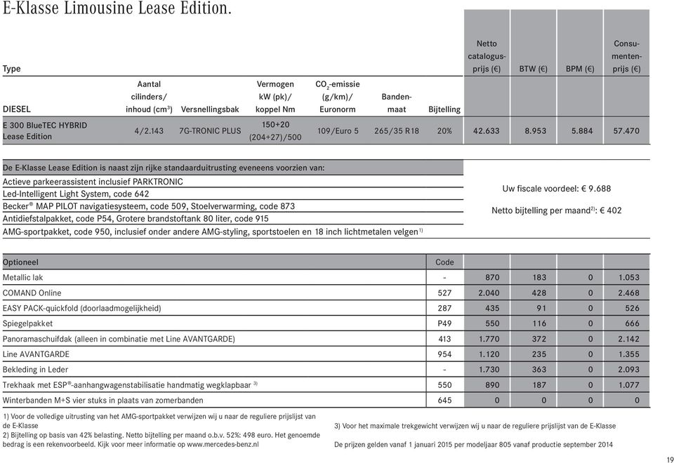 Bijtelling E 300 BlueTEC HYBRID Lease Edition 4/2.143 7G-TRONIC PLUS 150+20 (204+27)/500 109/Euro 5 265/35 R18 20% 42.633 8.953 5.884 57.