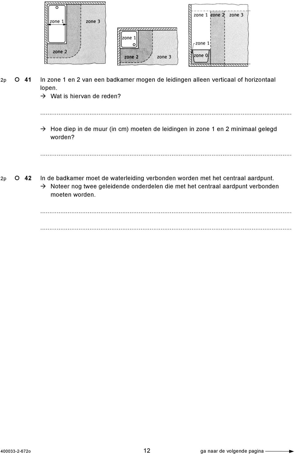 Hoe diep in de muur (in cm) moeten de leidingen in zone 1 en 2 minimaal gelegd worden?