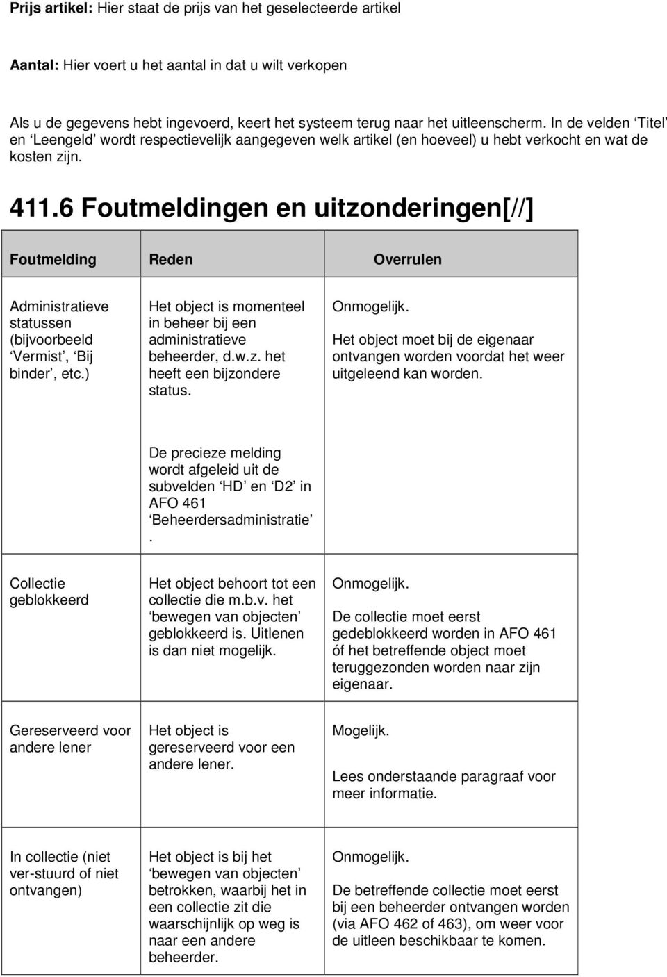 6 Foutmeldingen en uitzonderingen[//] Foutmelding Reden Overrulen Administratieve statussen (bijvoorbeeld Vermist, Bij binder, etc.