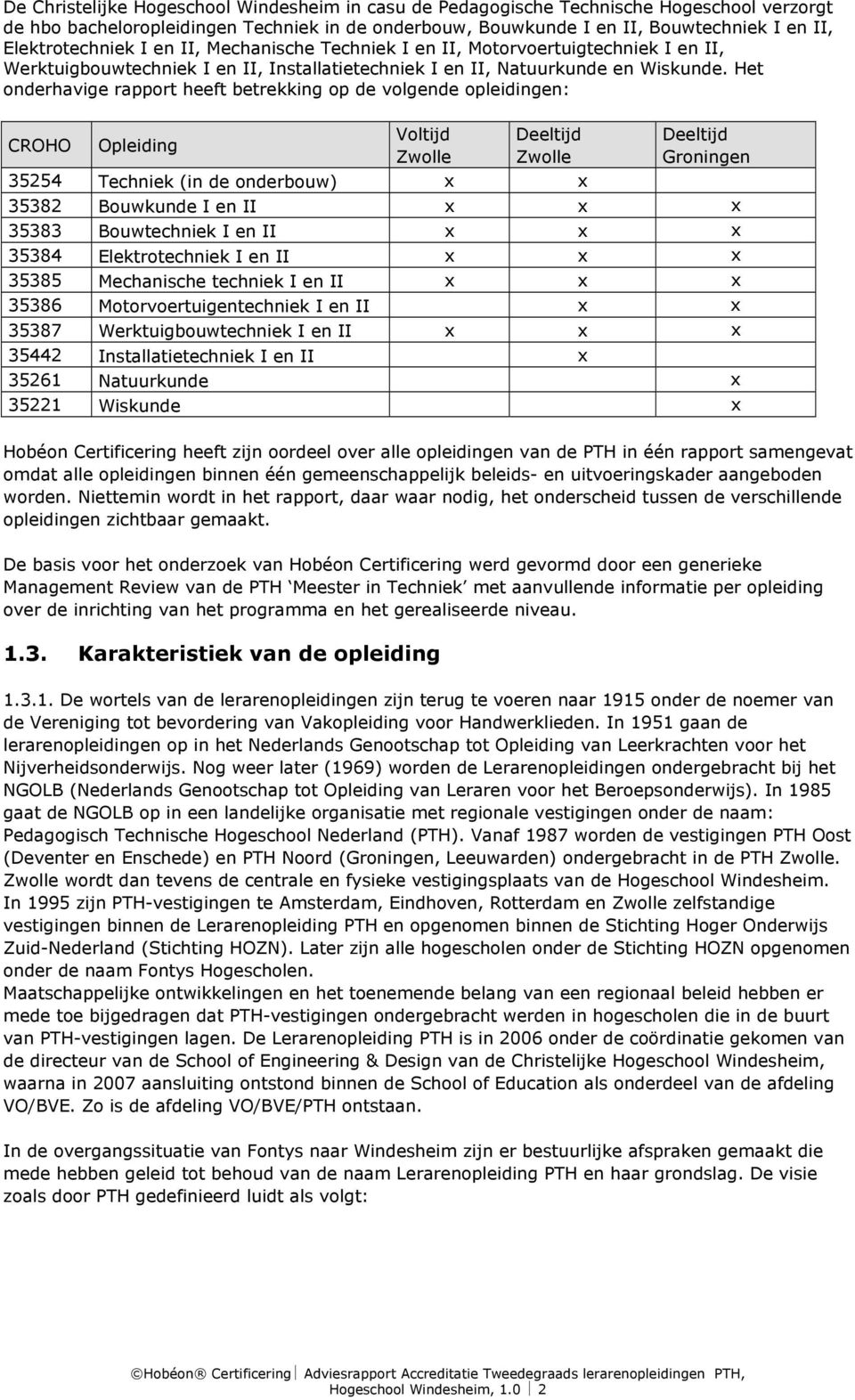 Het onderhavige rapport heeft betrekking op de volgende opleidingen: CROHO Opleiding Voltijd Zwolle Deeltijd Zwolle Deeltijd Groningen 35254 Techniek (in de onderbouw) x x 35382 Bouwkunde I en II x x