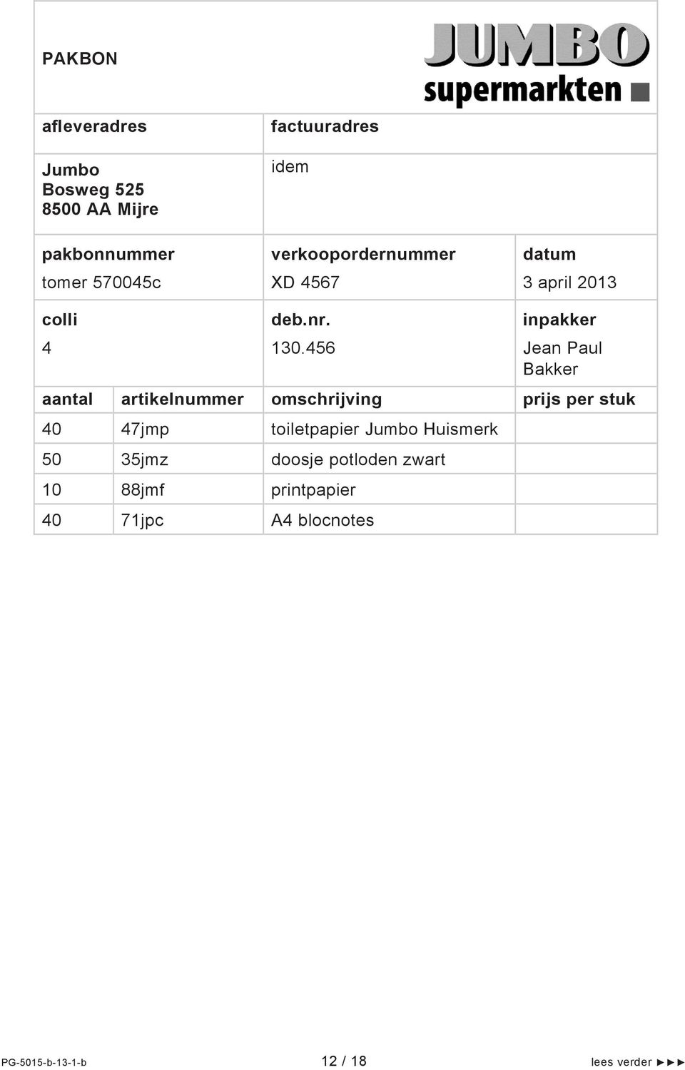 456 inpakker Jean Paul Bakker aantal artikelnummer omschrijving prijs per stuk 40 47jmp