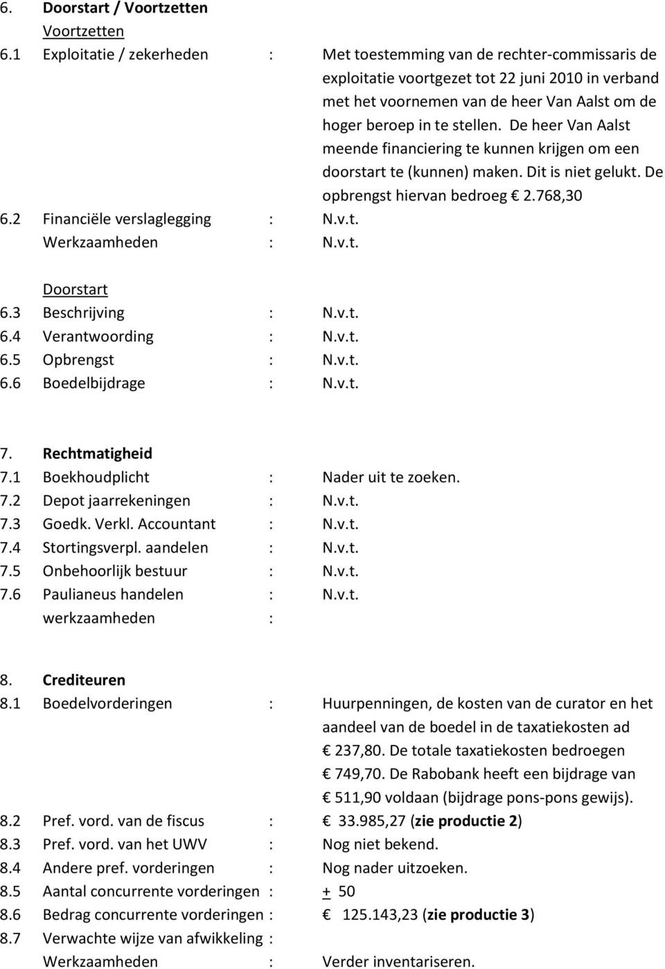 De heer Van Aalst meende financiering te kunnen krijgen om een doorstart te (kunnen) maken. Dit is niet gelukt. De opbrengst hiervan bedroeg 2.768,30 6.2 Financiële verslaglegging : N.v.t. Doorstart 6.